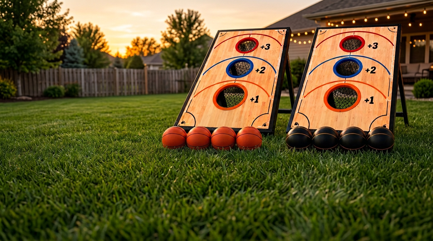 Two plywood Tossketball boards with black catch nets and eight basketballs on a grassy backyard lawn at sunset