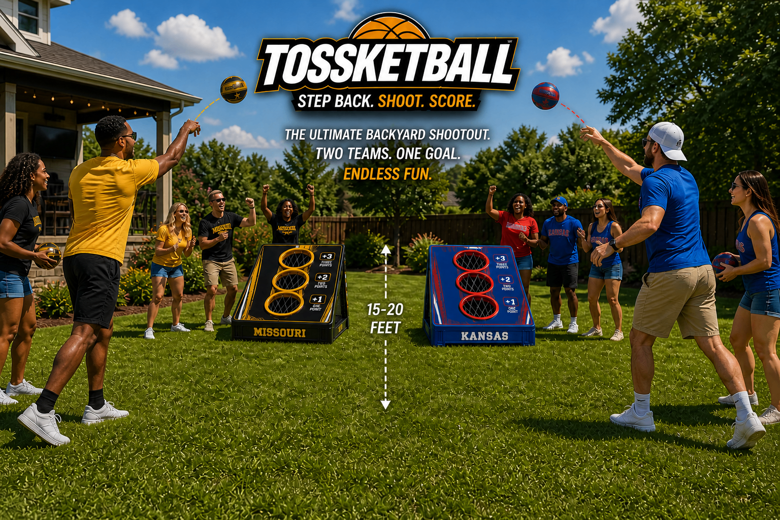 Two teams playing Tossketball in a backyard