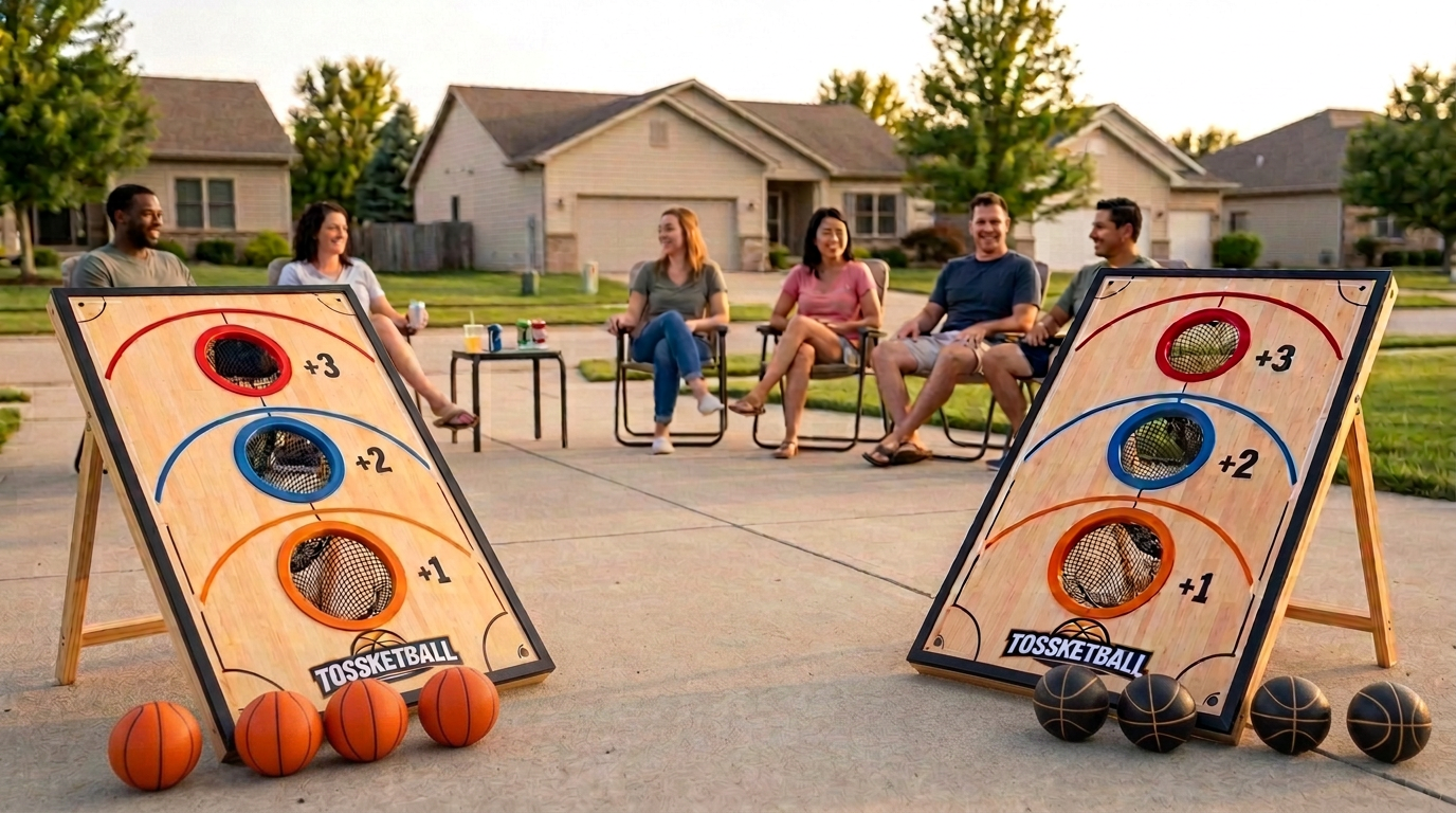 Two Tossketball boards with colored scoring rings and black catch nets on a driveway, with a diverse group of neighbors watching from lawn chairs